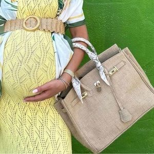 Burlap Beach Bag w/ Grey Bandana Handle